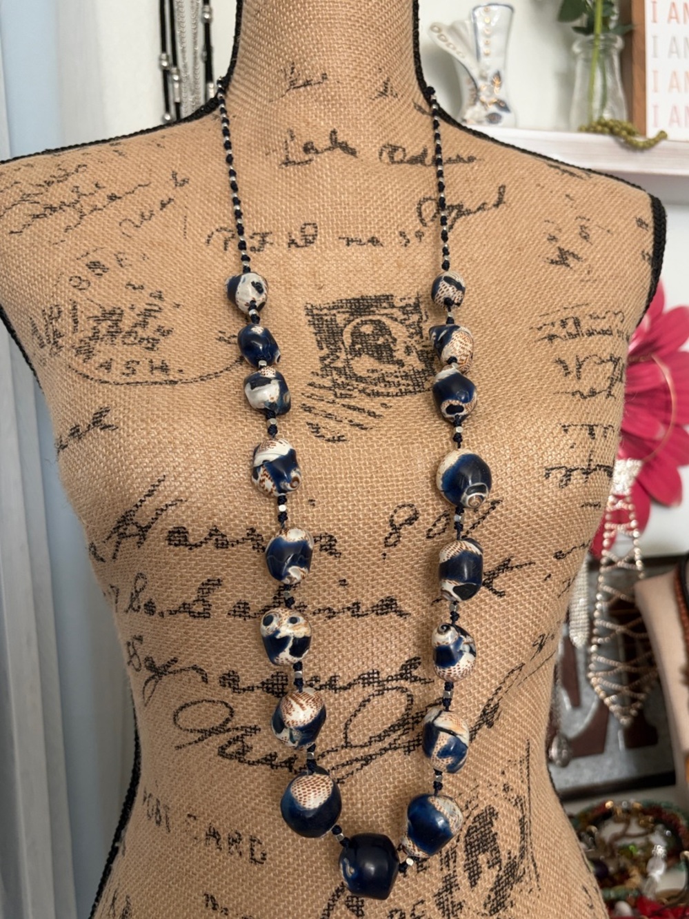Chico's Navy and White /Tan Beaded Long Shell Necklace